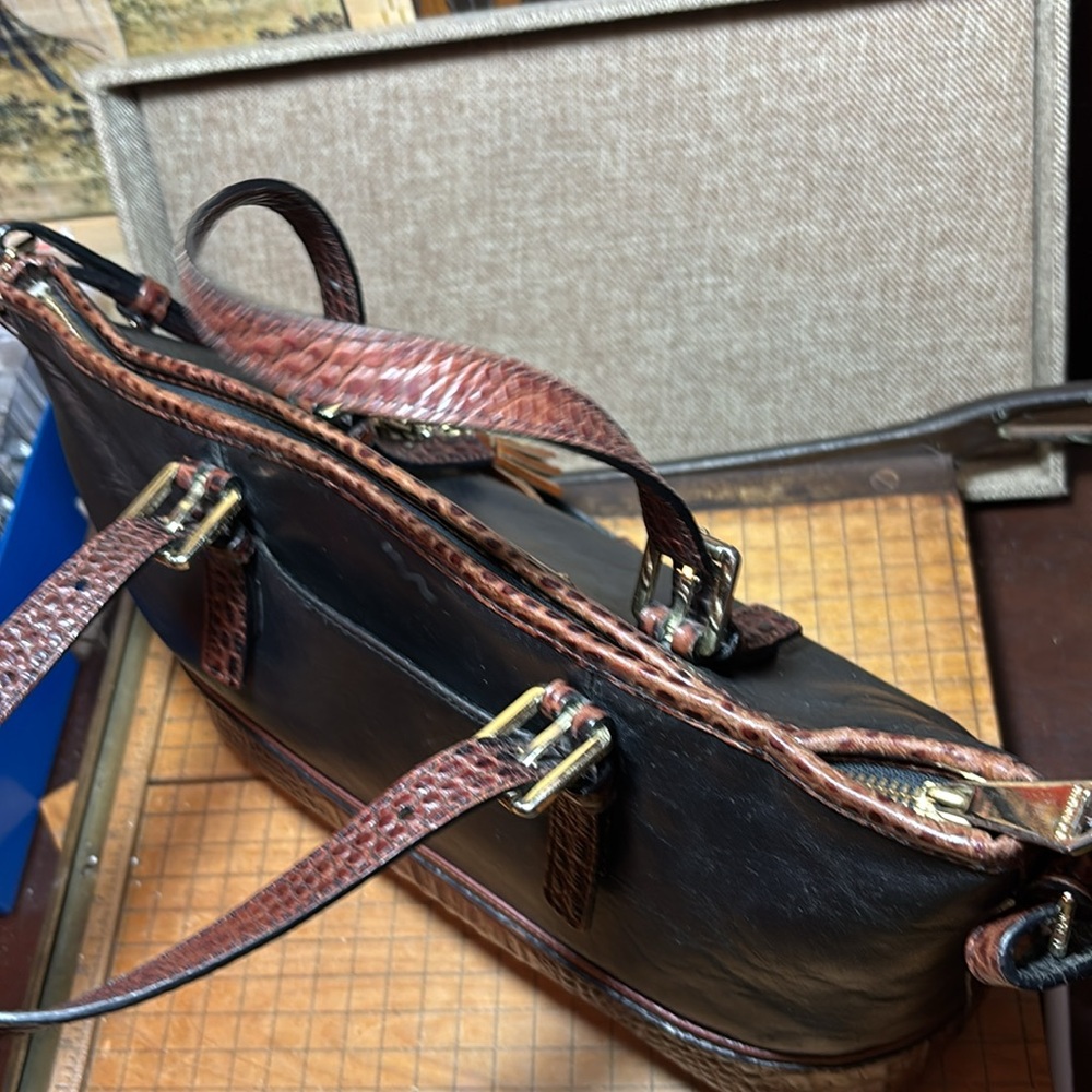 Brahmin Leather Mini Tote Black Pecan Croc Tan w Adj Strap 13”Wx7.25”Hx4.5”W - Picture 10 of 17